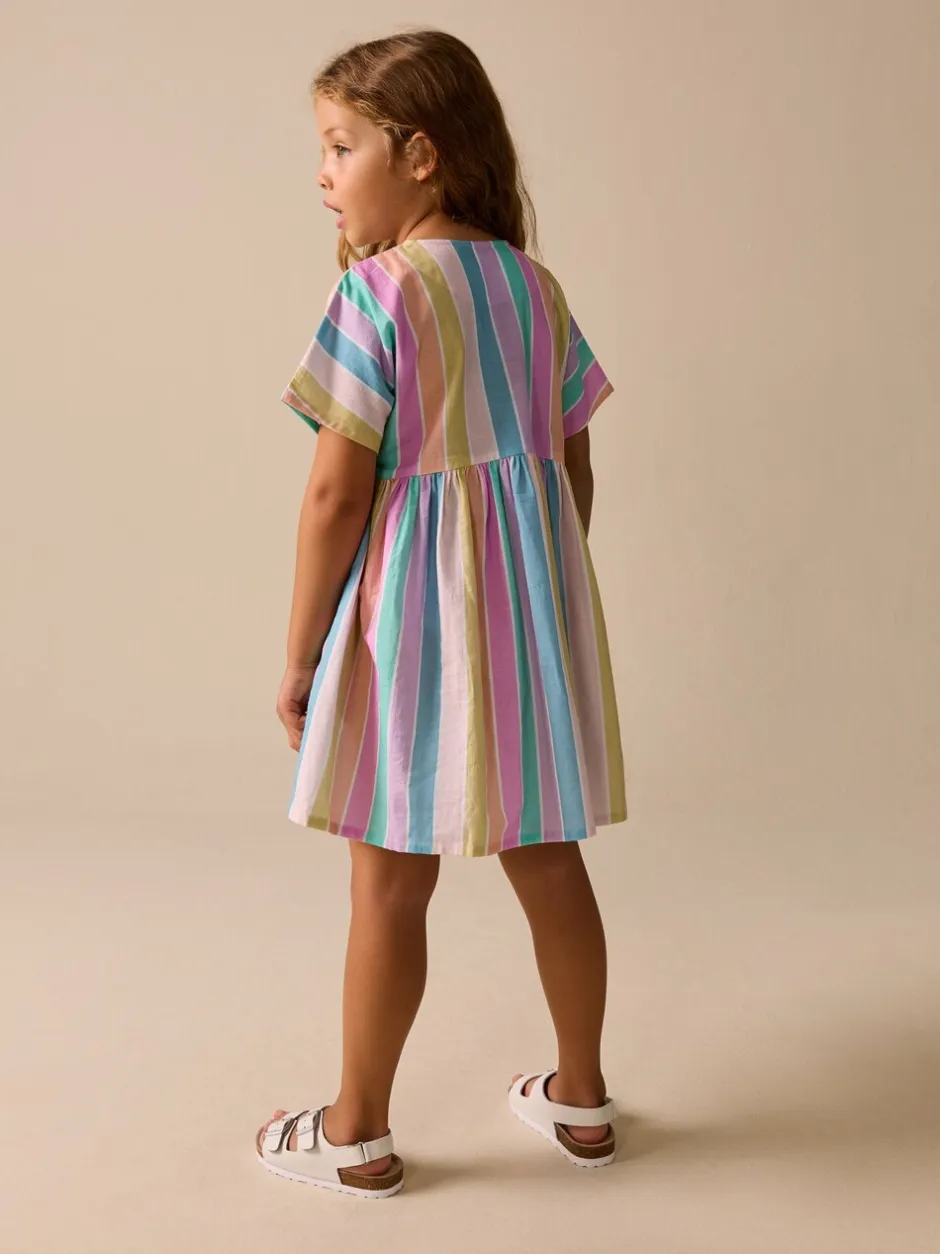 Jurken|Next - Stripe Short Sleeve Button Through Dress (3-16yrs) Regenboog
