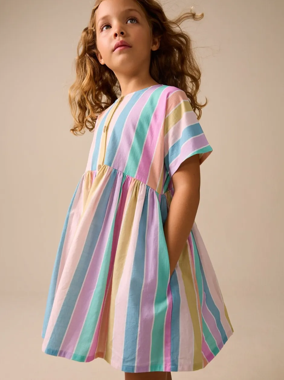 Jurken|Next - Stripe Short Sleeve Button Through Dress (3-16yrs) Regenboog