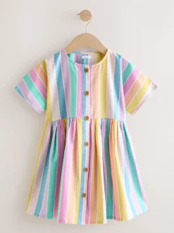 Jurken|Next - Stripe Short Sleeve Button Through Dress (3-16yrs) Regenboog