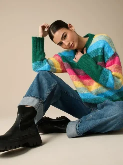 Gebreide Kleding|Next - Trui met ronde hals van wol Regenboogstrepen