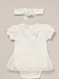 Rompertjes En Hemdjes|Rock-A-Bye Baby Boutique - Outfitset van witte tutu-romper met roze lintdetail en hoofdband