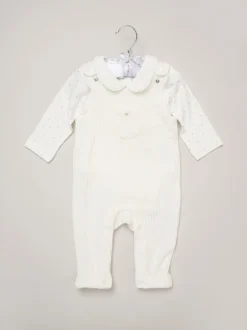 Rompertjes En Tuinbroeken|Tuinbroeken|Rock-A-Bye Baby Boutique witte velours baby bretelbroeken en bodysuit set