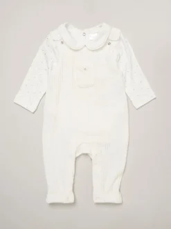 Rompertjes En Tuinbroeken|Tuinbroeken|Rock-A-Bye Baby Boutique witte velours baby bretelbroeken en bodysuit set