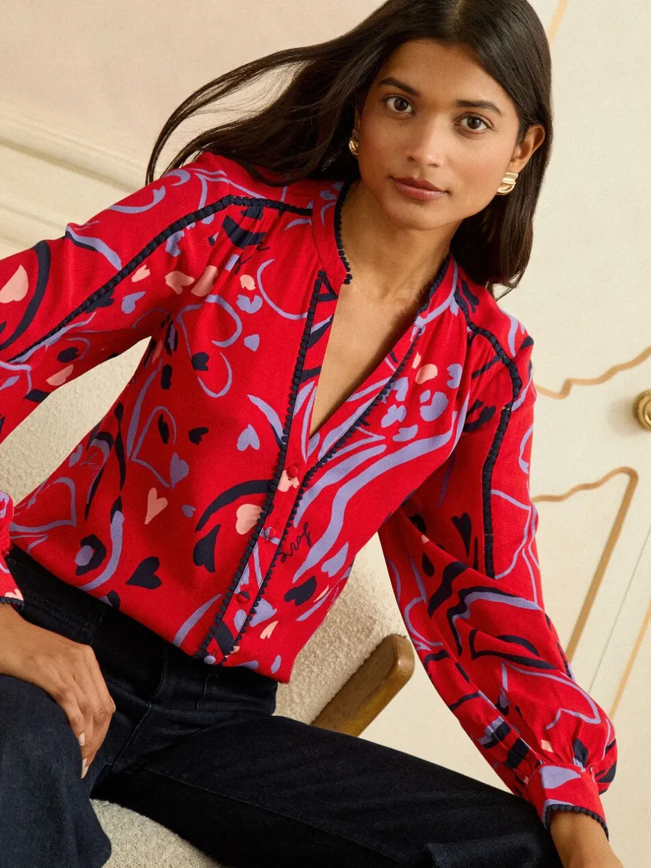 Blouses En Overhemden|Tops En T-Shirts*Love & Roses Rode print - blouse met lange mouwen en inkeping