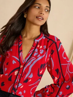 Blouses En Overhemden|Tops En T-Shirts*Love & Roses Rode print - blouse met lange mouwen en inkeping