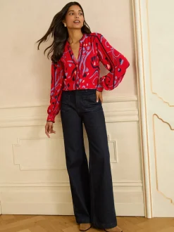 Blouses En Overhemden|Tops En T-Shirts*Love & Roses Rode print - blouse met lange mouwen en inkeping