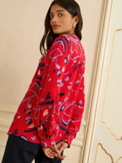 Blouses En Overhemden|Tops En T-Shirts*Love & Roses Rode print - blouse met lange mouwen en inkeping