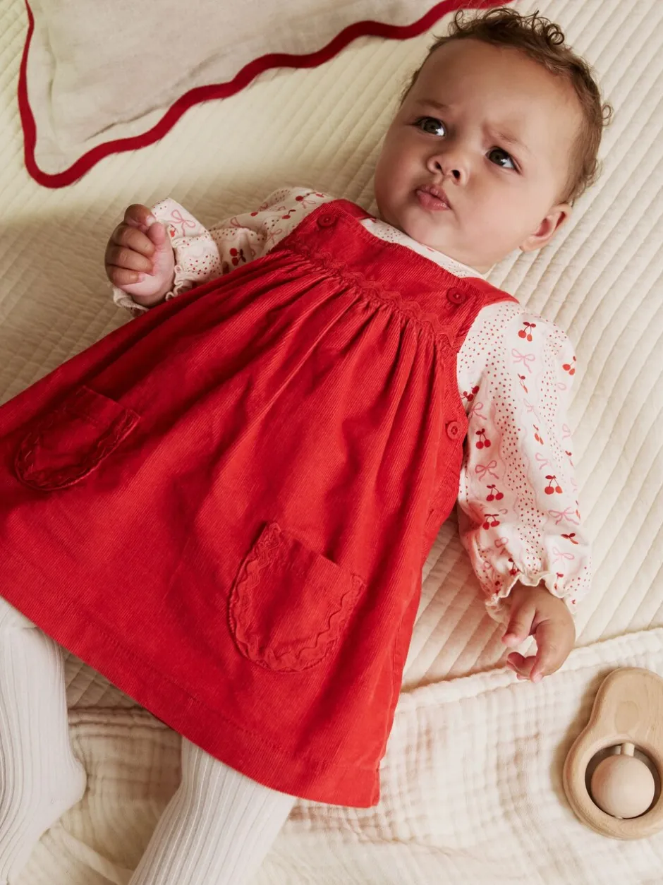 Jurken|Jurken*Next Rode strik - Set van corduroy pinafore, bodysuit met lange mouwen en maillot voor baby's (0mnd-2jr)