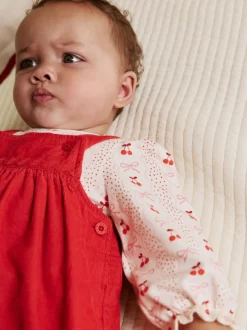 Jurken|Jurken*Next Rode strik - Set van corduroy pinafore, bodysuit met lange mouwen en maillot voor baby's (0mnd-2jr)