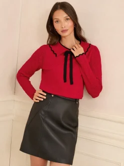 Gebreide Kleding*Love & Roses - gebreide trui met kraag Rode strik met randcontrast