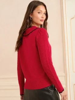 Gebreide Kleding*Love & Roses - gebreide trui met kraag Rode strik met randcontrast
