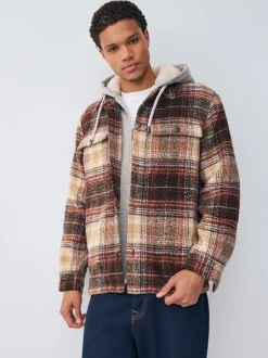 Jassen En Jacks*Next Roestbruin - Borg gevoerd ruit overshirt met capuchon