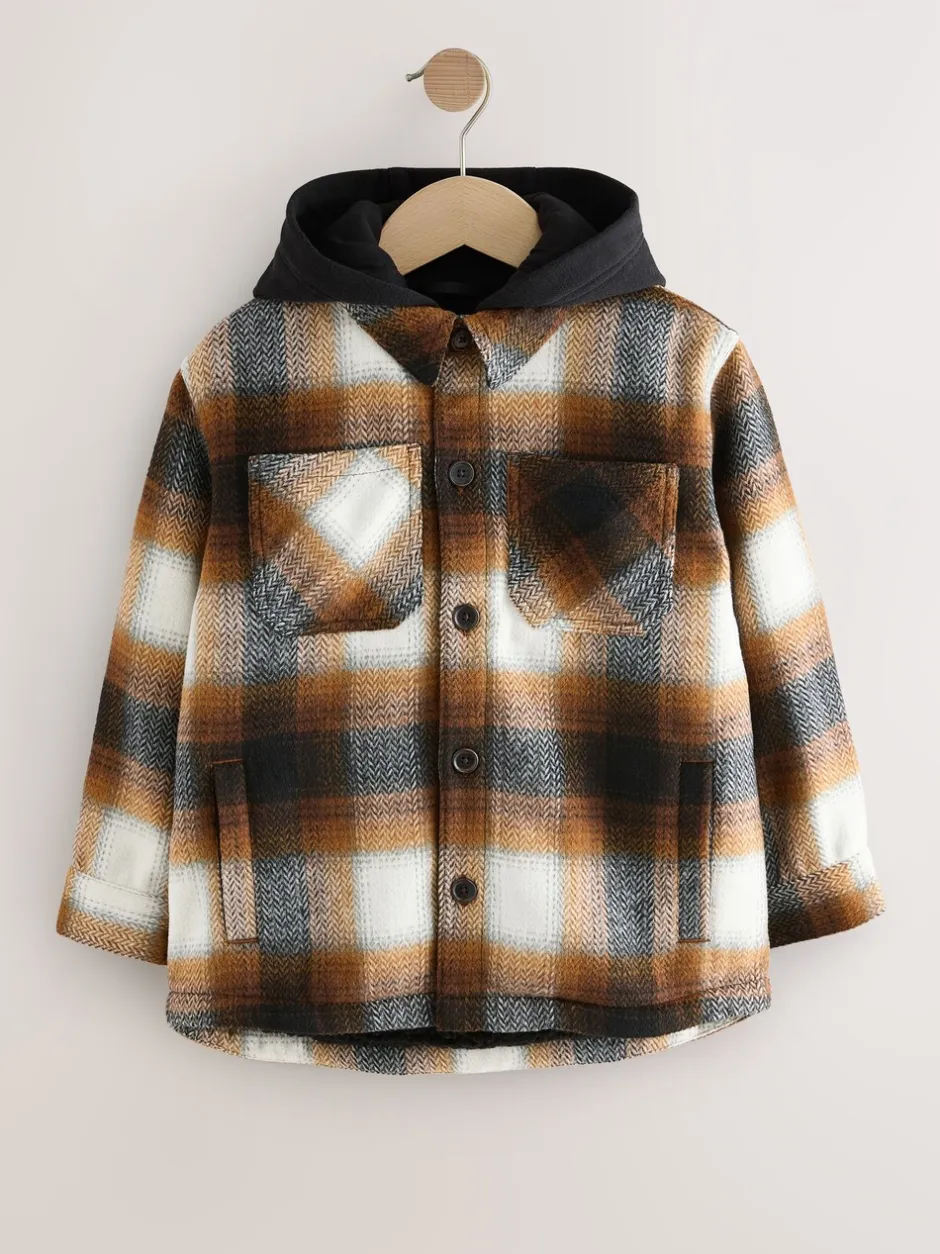 Jassen En Jacks|Shirts|Next - Borg gevoerde Ruit Overshirt Met capuchon (3-16jr) Roestbruin