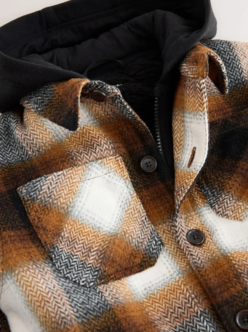 Jassen En Jacks|Shirts|Next - Borg gevoerde Ruit Overshirt Met capuchon (3-16jr) Roestbruin