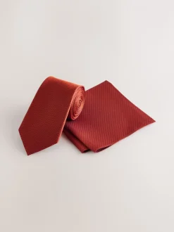 Stropdassen En Pochets|Next Roestbruin - Set met textuurrijke stropdas en pochet