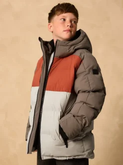Schoolkleding|Jassen En Jacks*Next Roestbruine Kleurblokken - Regenbestendige gewatteerde jas met microfleece voering (3-17jr)