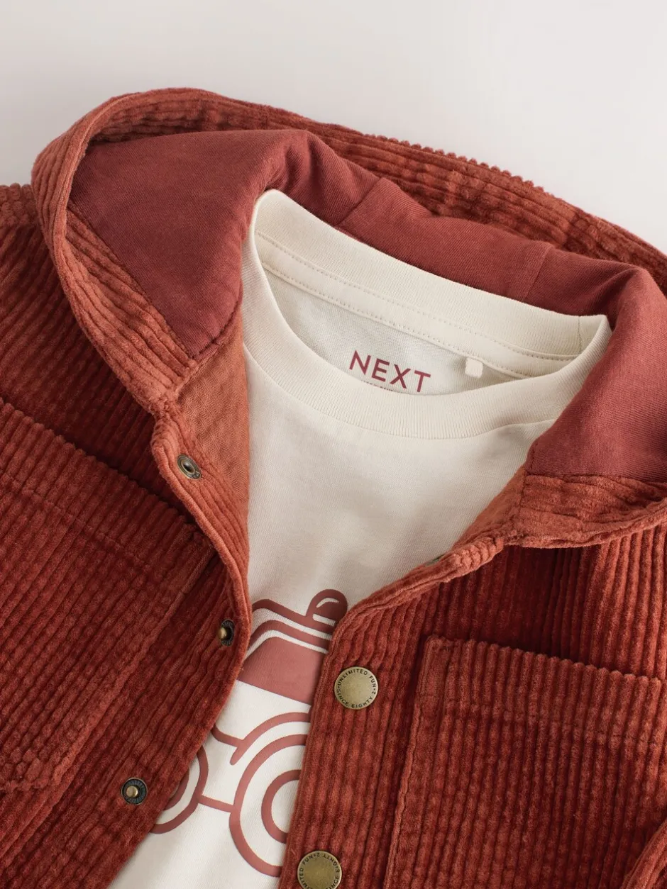 Jassen, Jacks En Kinderwagenpakjes|Jassen En Jacks|Next Roestrood - Set van 2 Pieces van corduroy overshirt en T-shirt Met capuchon (3mnd -7jr)
