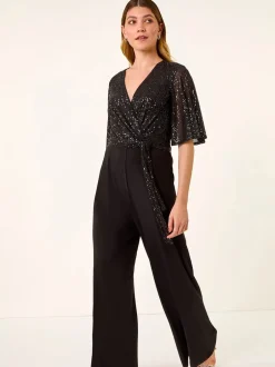 Jumpsuits En Playsuits*Roman Sequin Flutter Sleeve Stretch Jumpsuit
