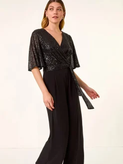 Jumpsuits En Playsuits*Roman Sequin Flutter Sleeve Stretch Jumpsuit