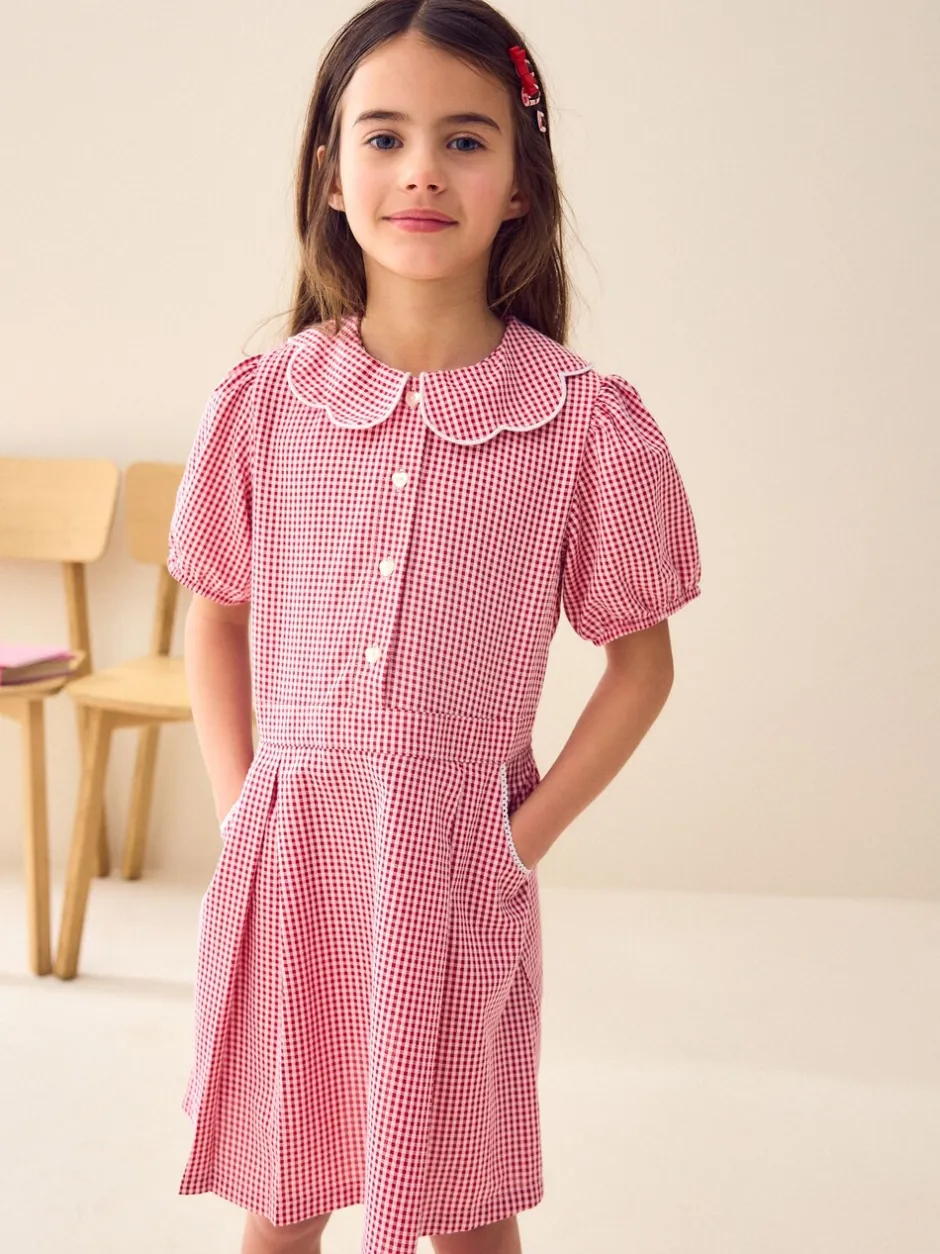 Schoolkleding*Next - Katoenrijke, gegolfde kraag, ruitjesjurk voor school (3-14jr) Rood