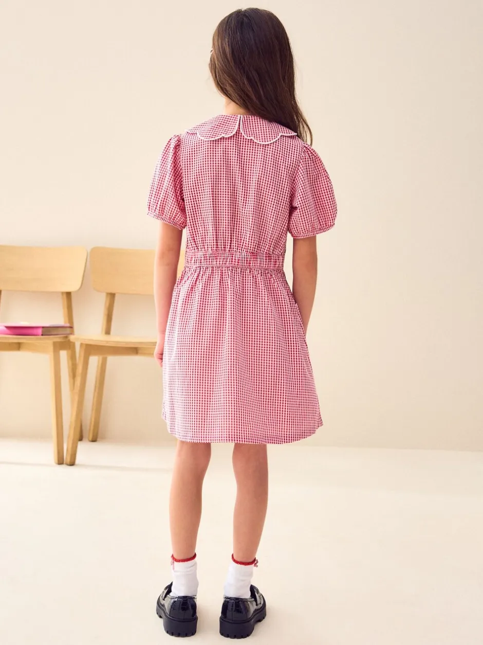 Schoolkleding*Next - Katoenrijke, gegolfde kraag, ruitjesjurk voor school (3-14jr) Rood