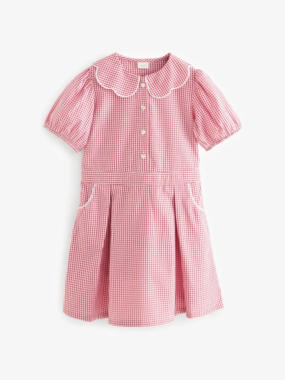 Schoolkleding*Next - Katoenrijke, gegolfde kraag, ruitjesjurk voor school (3-14jr) Rood
