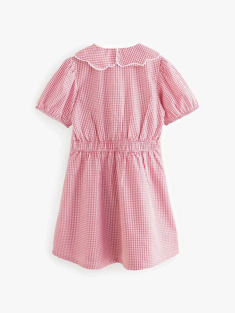 Schoolkleding*Next - Katoenrijke, gegolfde kraag, ruitjesjurk voor school (3-14jr) Rood