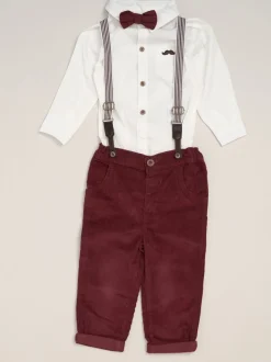 Shirts|Little Gent Rood - Corduroy Bow Tie Mock Shirt and Trousers With Braces Outfit Set