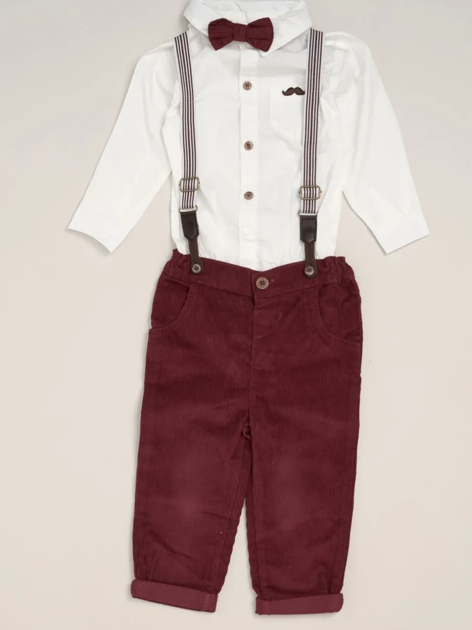 Shirts|Little Gent Rood - Corduroy Bow Tie Mock Shirt and Trousers With Braces Outfit Set