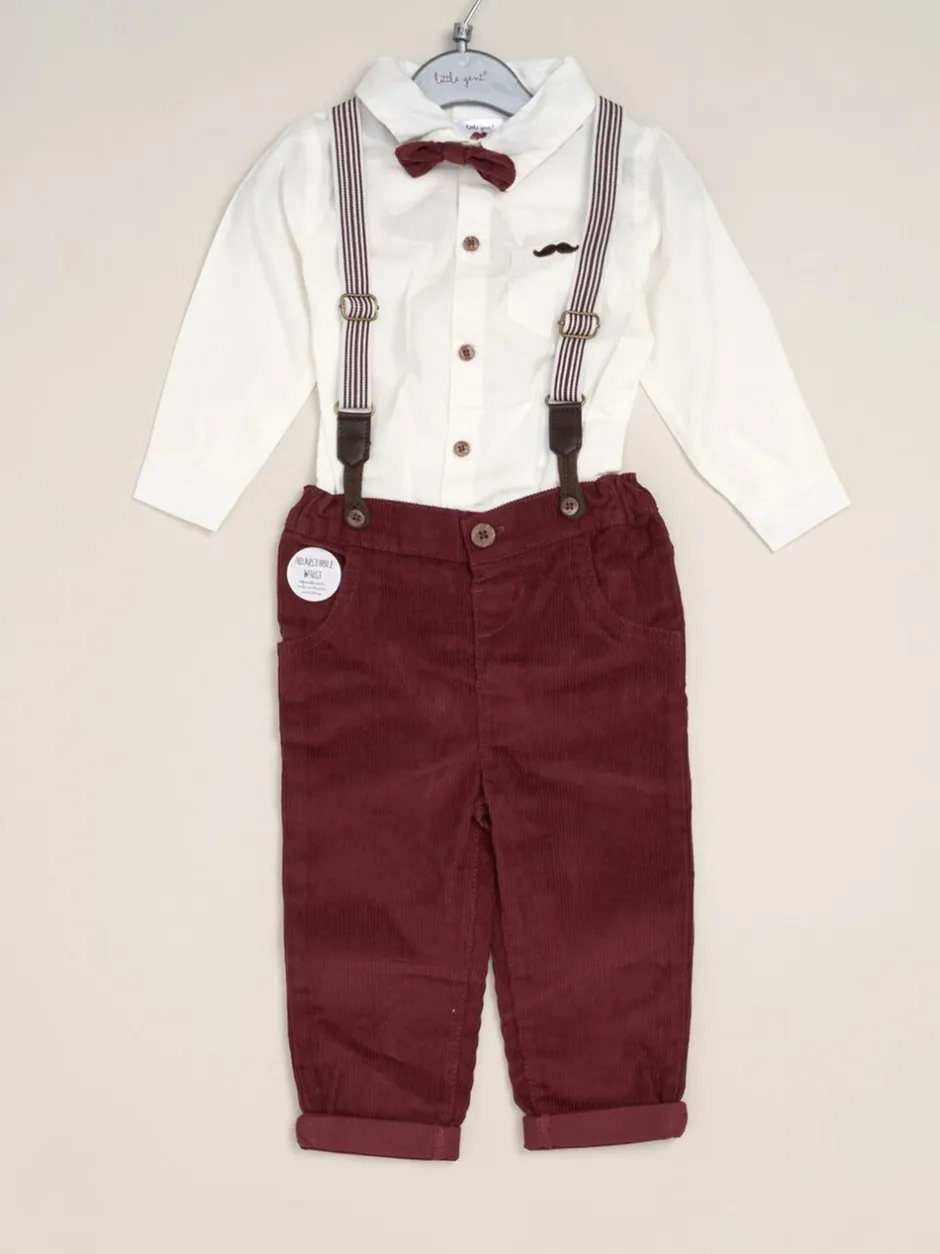 Shirts|Little Gent Rood - Corduroy Bow Tie Mock Shirt and Trousers With Braces Outfit Set