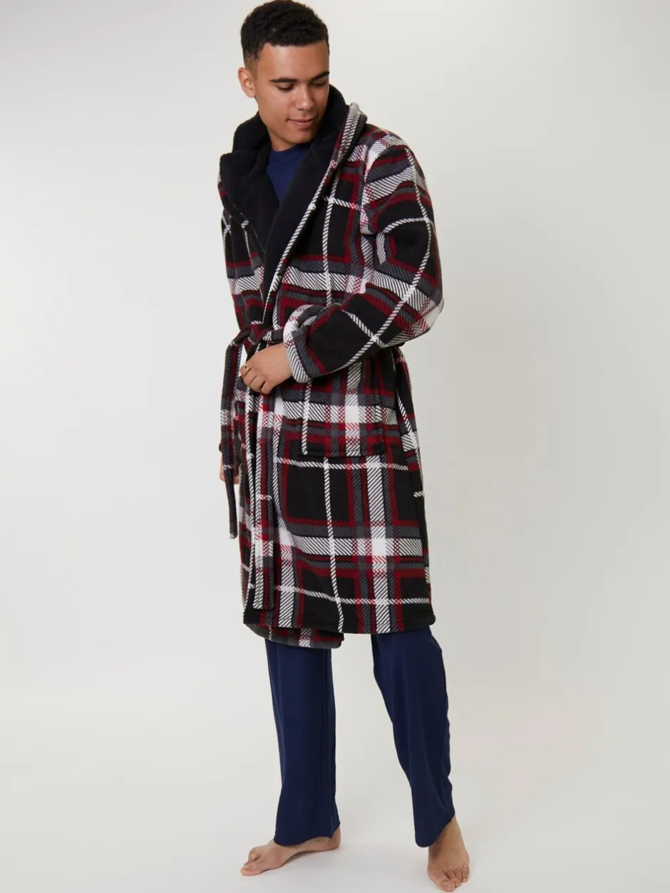 Kamerjassen En Badjassen*Loungeable - Ruit bonded fleece gevoerde kamerjas met capuchon Rood
