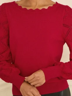 Gebreide Kleding|Love & Roses Rood - gebreide trui met noppensteek en geschulpte rand