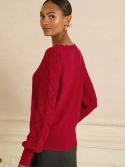 Gebreide Kleding|Love & Roses Rood - gebreide trui met noppensteek en geschulpte rand