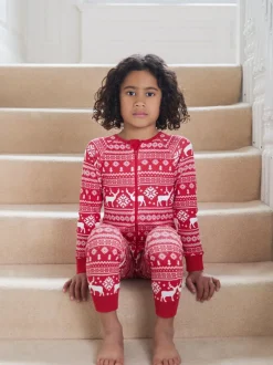 Nachtkleding En Pyjama's|Pyjama's|The Little Tailor - Kids Rendier kerstmis fair isle-patroon 100% katoen alles-in-één Rood