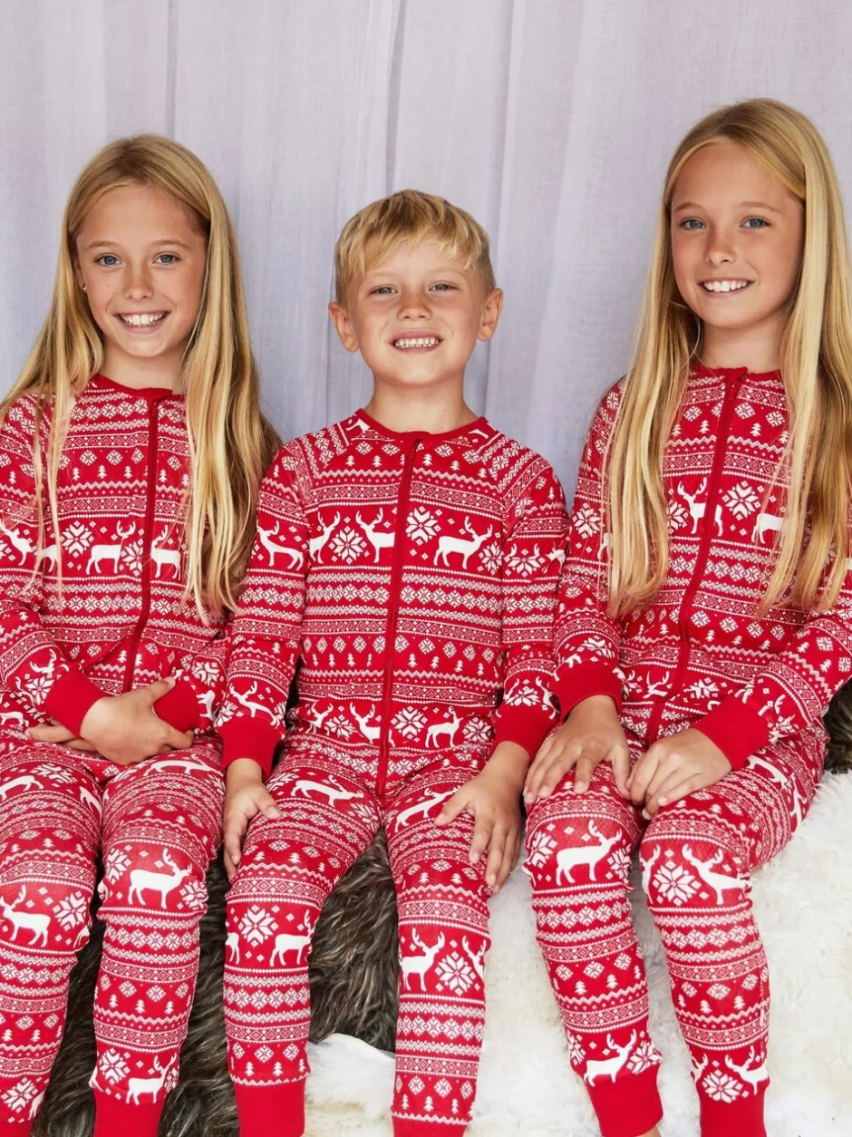 Nachtkleding En Pyjama's|Pyjama's|The Little Tailor - Kids Rendier kerstmis fair isle-patroon 100% katoen alles-in-één Rood