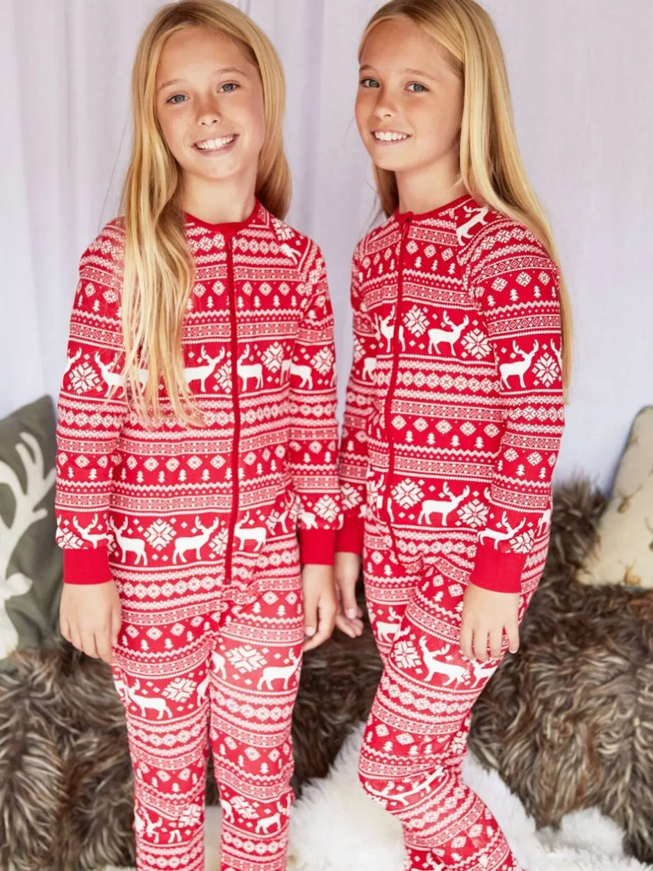 Nachtkleding En Pyjama's|Pyjama's|The Little Tailor - Kids Rendier kerstmis fair isle-patroon 100% katoen alles-in-één Rood