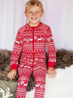 Nachtkleding En Pyjama's|Pyjama's|The Little Tailor - Kids Rendier kerstmis fair isle-patroon 100% katoen alles-in-één Rood