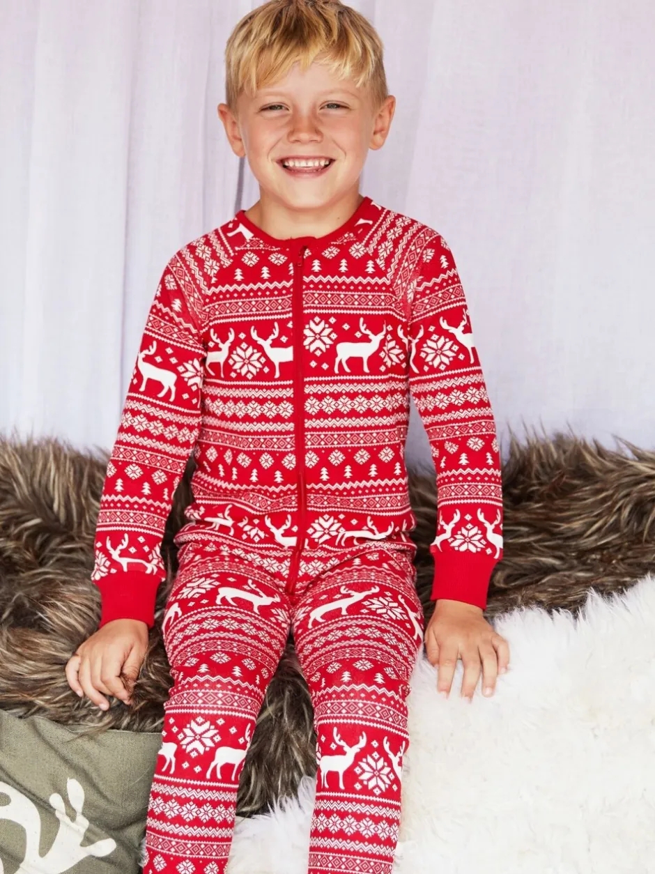 Nachtkleding En Pyjama's|Pyjama's|The Little Tailor - Kids Rendier kerstmis fair isle-patroon 100% katoen alles-in-één Rood