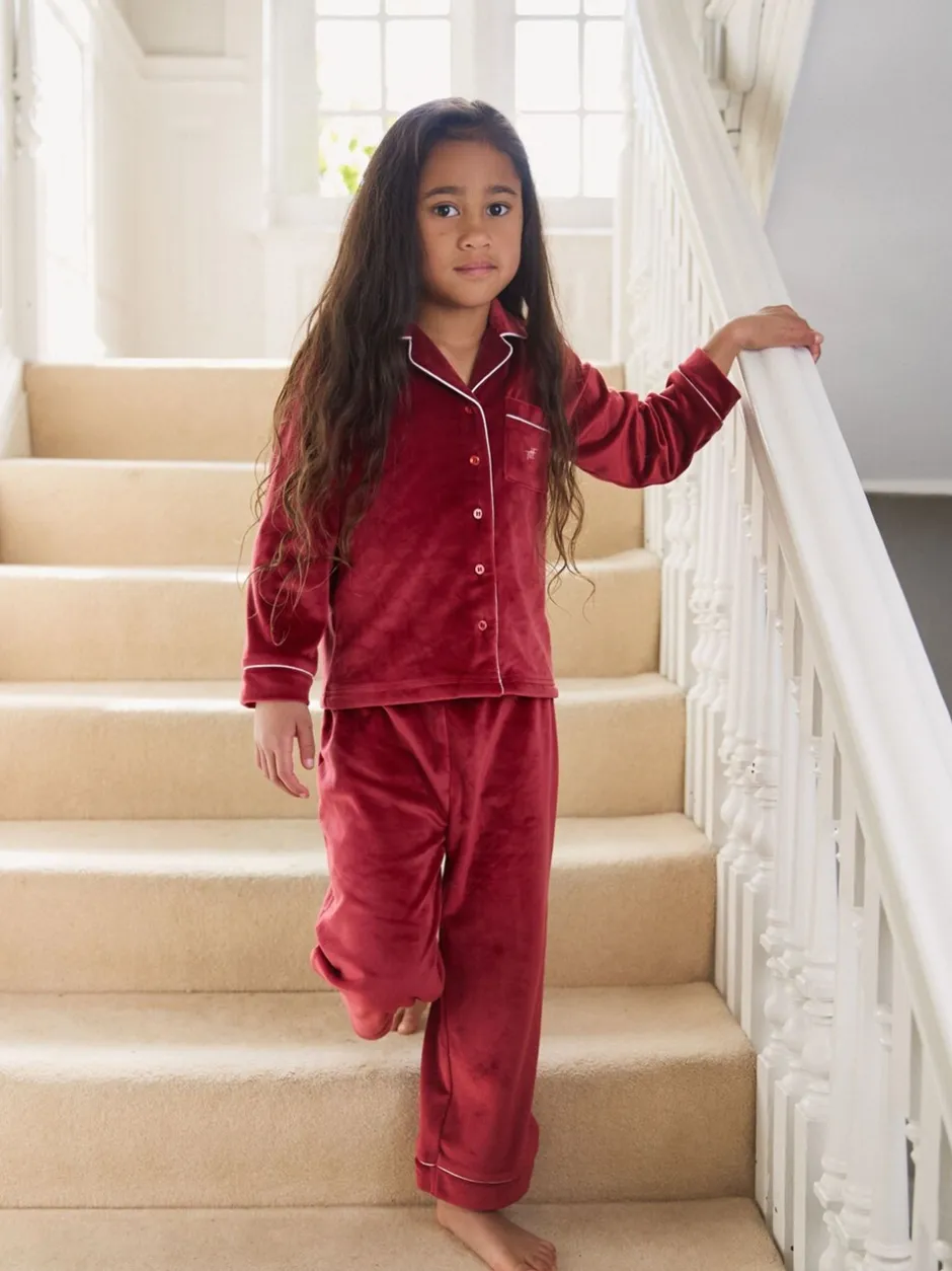 Nachtkleding En Pyjama's|Pyjama's|The Little Tailor - Luxe kerstpyjama voor kinderen van zacht aanvoelend velours Rood