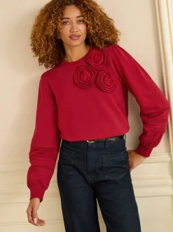 Hoody's En Sweatshirts*Love & Roses Rood corsagedetail - - Jersey sweatshirt met ronde hals