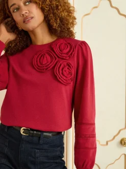 Hoody's En Sweatshirts*Love & Roses Rood corsagedetail - - Jersey sweatshirt met ronde hals