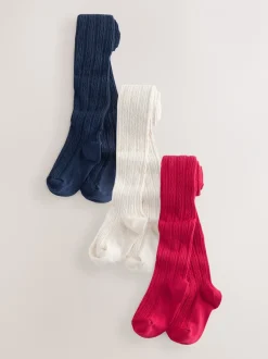 Sokken En Panty's|Sokken En Panty's|Next - Verpakking van 3 kabelmaillots met hoog katoengehalte Rood, Crème en marineblauw