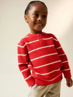 Truien En Breisels|Next - Knitted Stripe Henley Jumper (3mths-7yrs) Rood/ecru