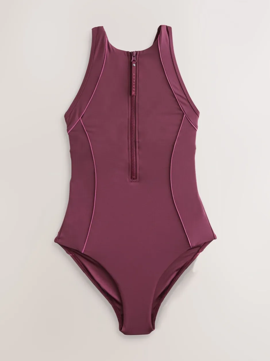 Sportkleding|Badkleding|Next Roodpaars 'Wine' - Active High Neck Tummy Control Swimsuit
