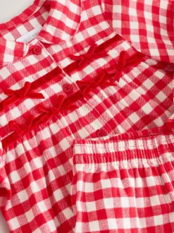 Nachtkleding En Pyjama's|Pyjama's|Next Rood/wit geruite ruit - Geweven pyjama met knopen (9 mnd-11 jr)