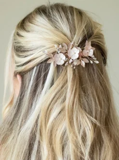 Haaraccessoires*Ivory & Co - - Gardenia klem met kristallen, parels en geëmailleerde bloem Roségoudkleurig