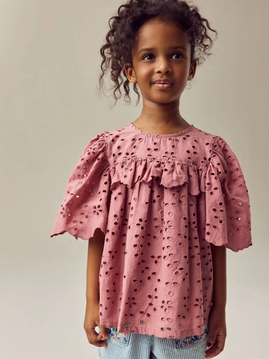 Overhemden En Blouses|Next Roze - 100% katoenen broderie blouse met ruches (3-16jaar)
