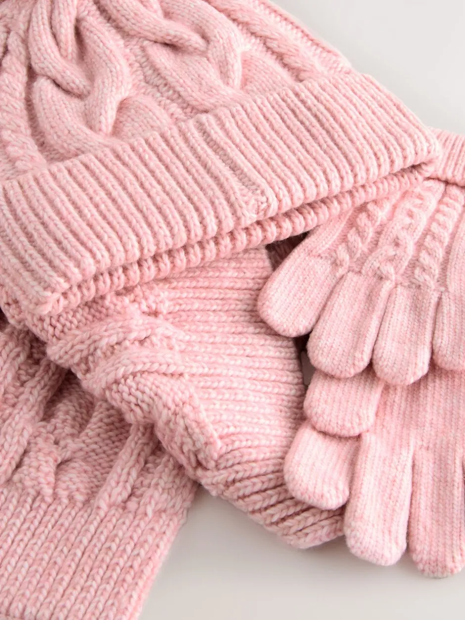 Mutsen, Handschoenen En Sjaals|Next - Kabelmuts, sjaal en handschoenenset (3-16jr) Roze