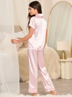Nachtkleding En Pyjama's|Pyjama's*Lipsy Roze - satijnen hemd en pyjamaset met lange pijpen (5-16jaar)