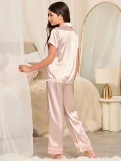 Nachtkleding En Pyjama's|Pyjama's*Lipsy Roze - satijnen hemd en pyjamaset met lange pijpen (5-16jaar)